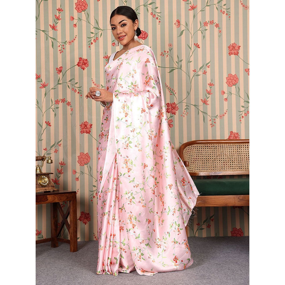 Odette Pink Satin Floral Saree with Unstitched Blouse for Women