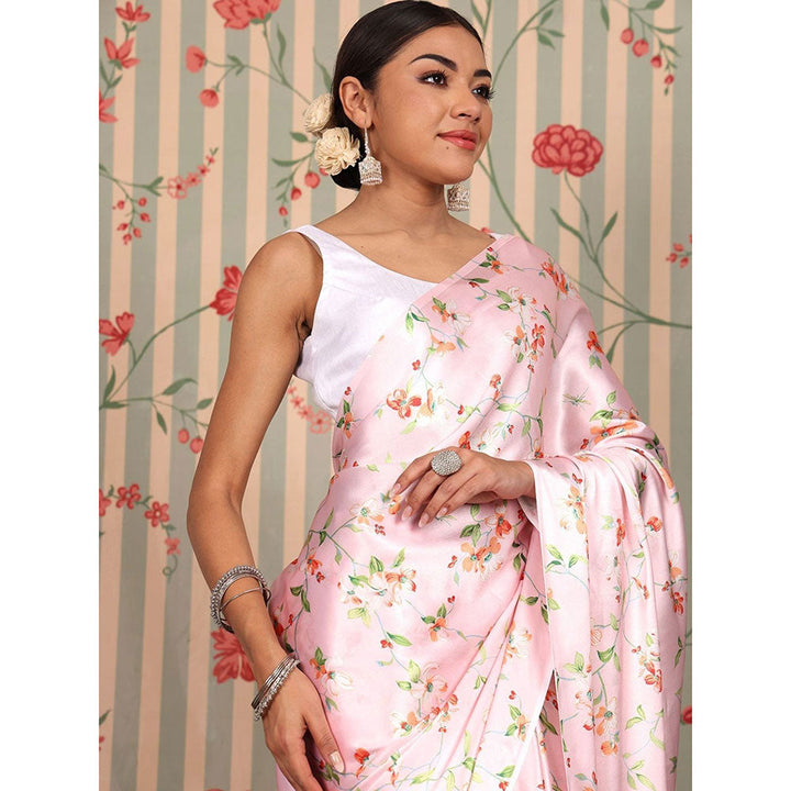 Odette Pink Satin Floral Saree with Unstitched Blouse for Women