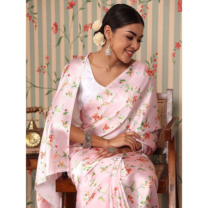 Odette Pink Satin Floral Saree with Unstitched Blouse for Women