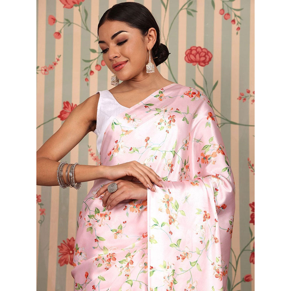 Odette Pink Satin Floral Saree with Unstitched Blouse for Women