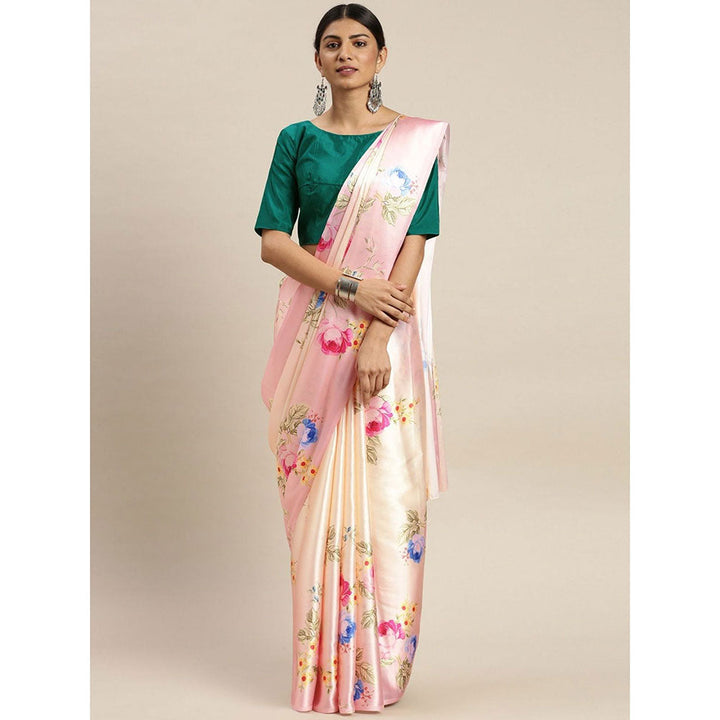 Odette Peach Satin Floral Saree with Unstitched Blouse for Women