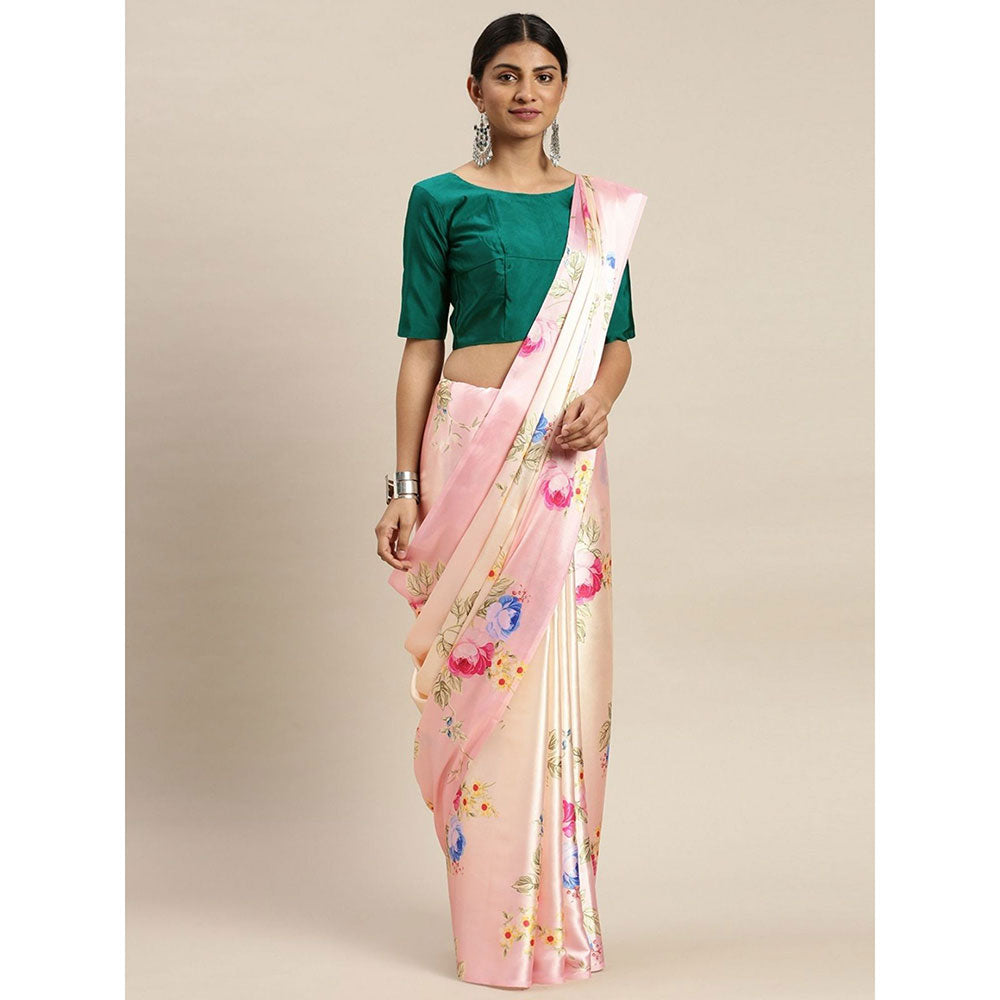 Odette Peach Satin Floral Saree with Unstitched Blouse for Women