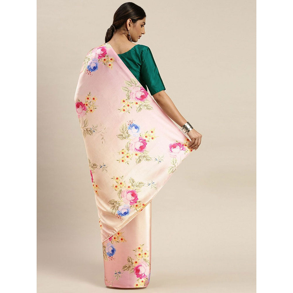 Odette Peach Satin Floral Saree with Unstitched Blouse for Women