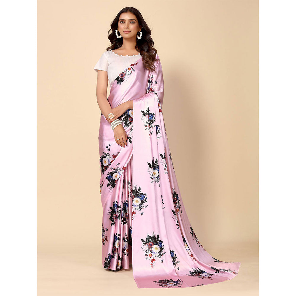 Odette Pink Satin Floral Saree with Unstitched Blouse for Women