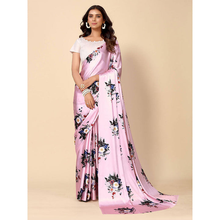 Odette Pink Satin Floral Saree with Unstitched Blouse for Women