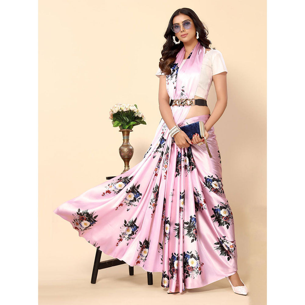 Odette Pink Satin Floral Saree with Unstitched Blouse for Women