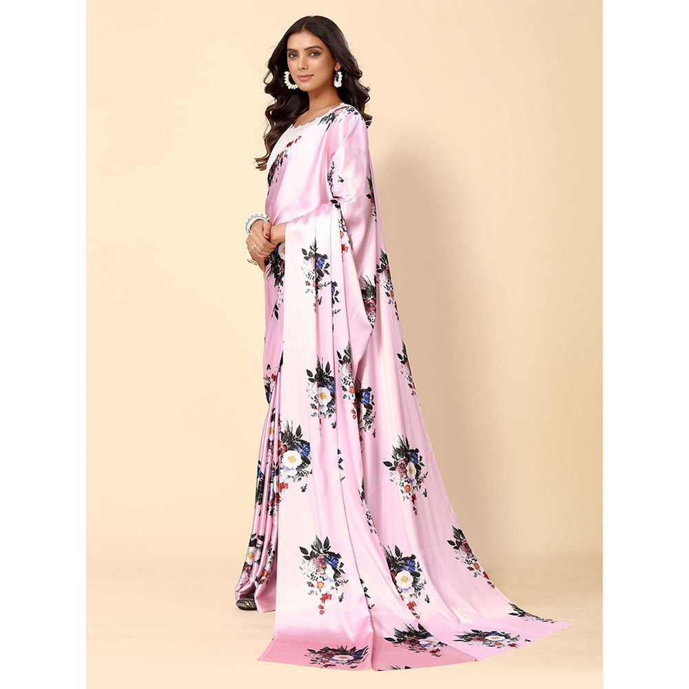 Odette Pink Satin Floral Saree with Unstitched Blouse for Women