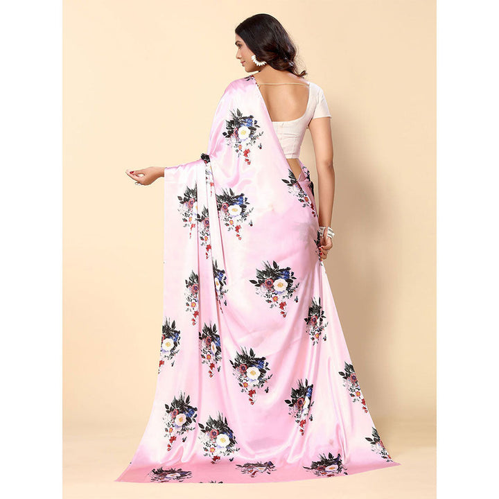 Odette Pink Satin Floral Saree with Unstitched Blouse for Women