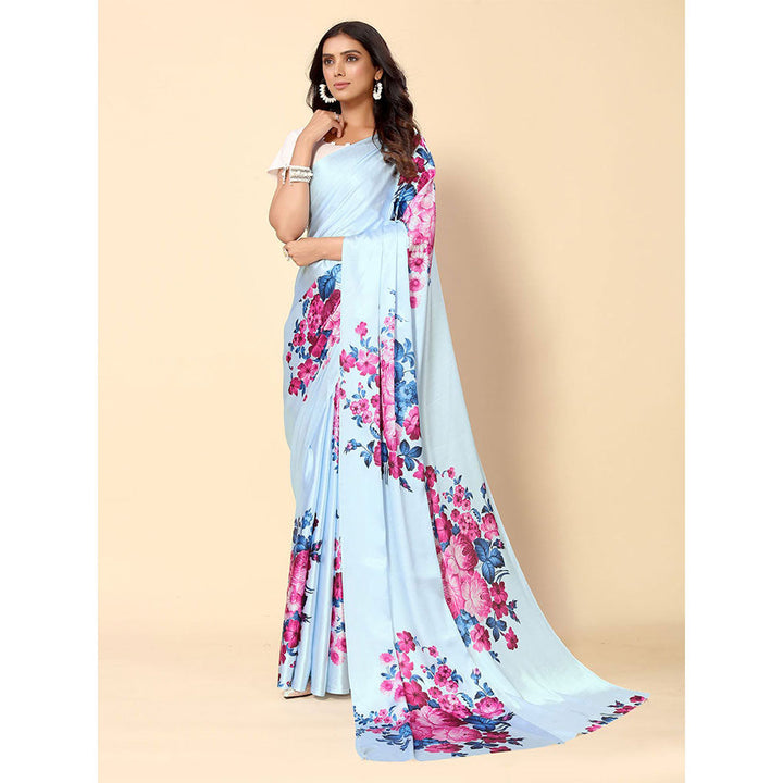 Odette Blue Satin Floral Saree with Unstitched Blouse for Women