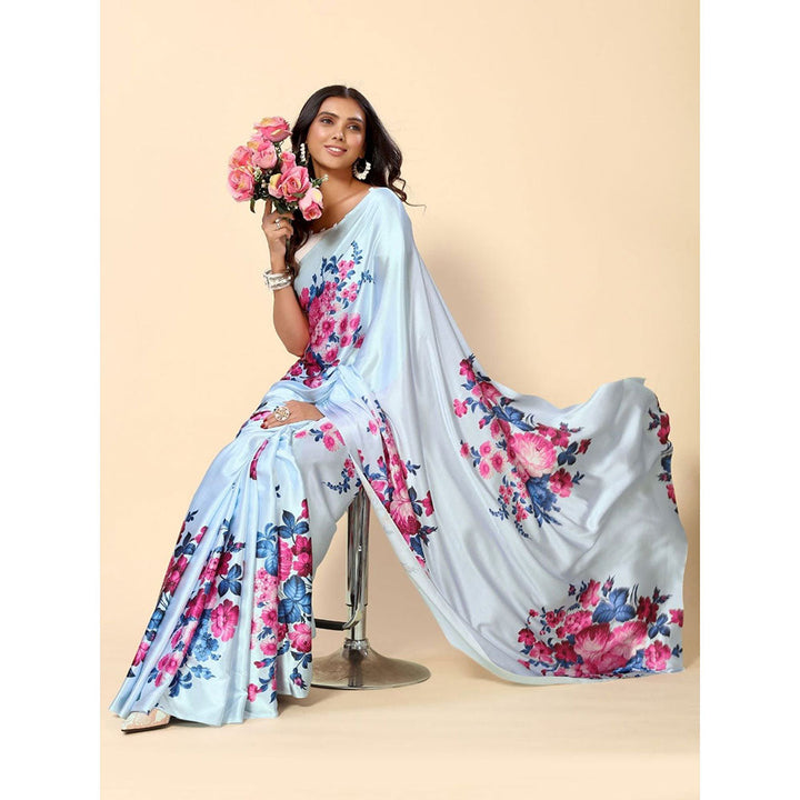 Odette Blue Satin Floral Saree with Unstitched Blouse for Women