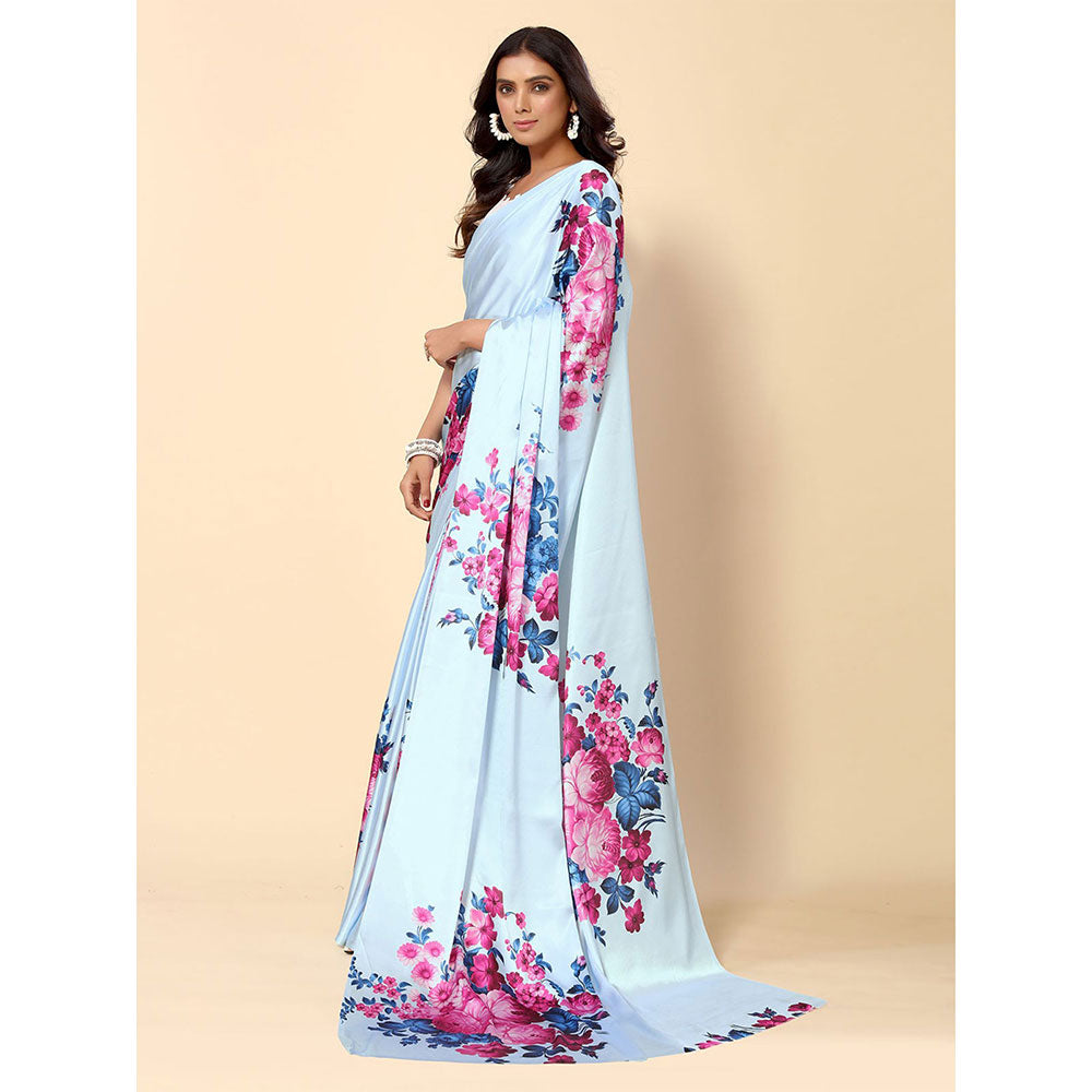 Odette Blue Satin Floral Saree with Unstitched Blouse for Women