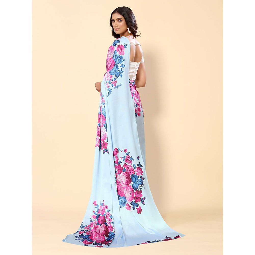 Odette Blue Satin Floral Saree with Unstitched Blouse for Women