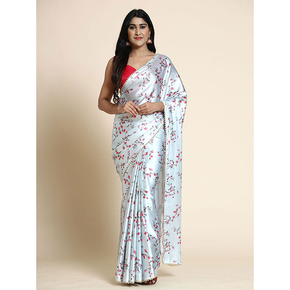 Odette Blue Satin Floral Saree with Unstitched Blouse for Women