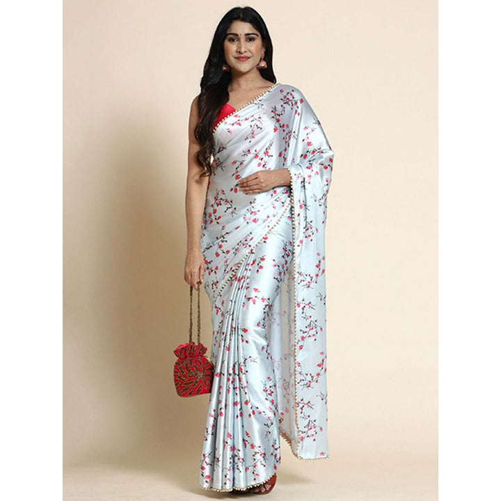 Odette Blue Satin Floral Saree with Unstitched Blouse for Women