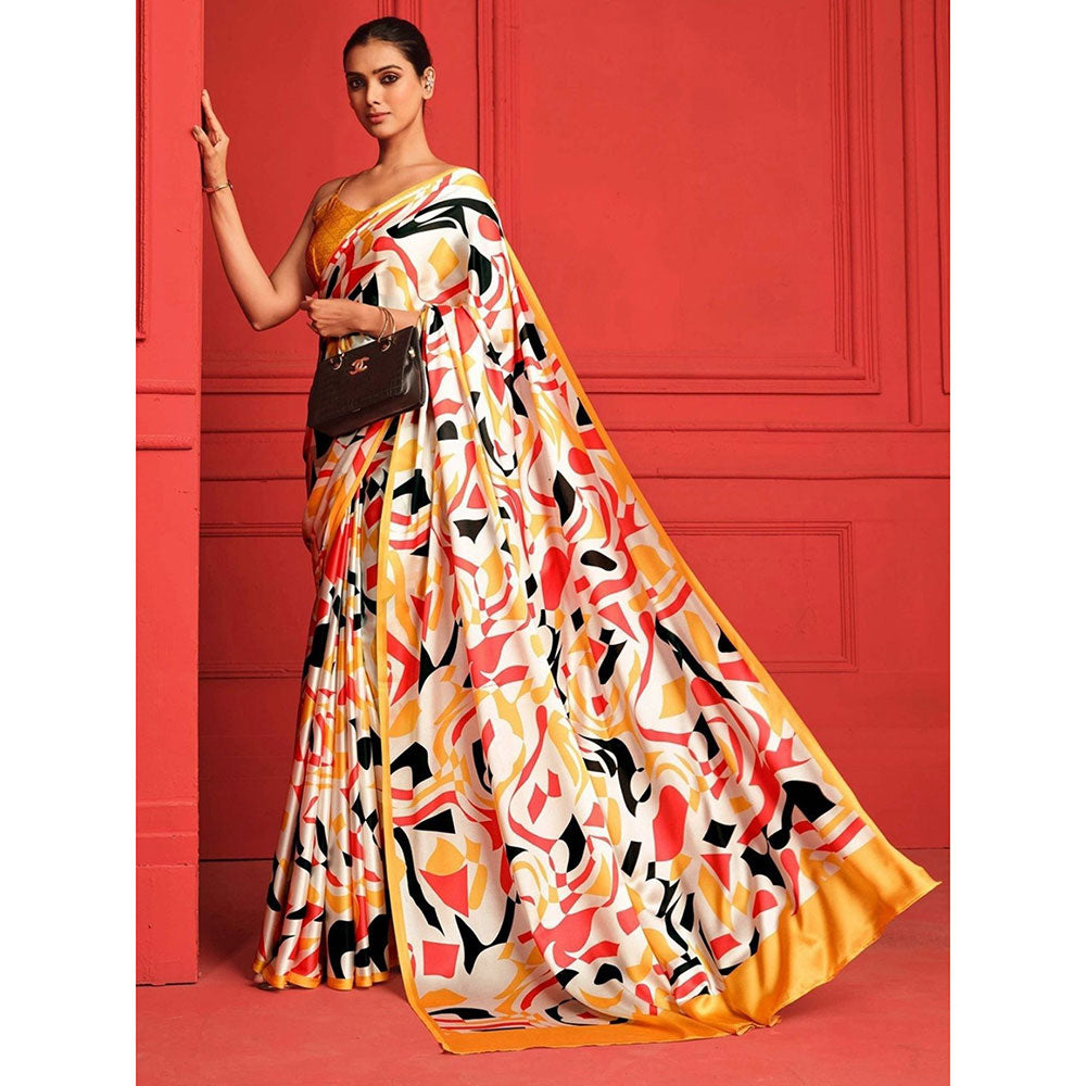 Odette Multicolor Satin Printed Saree with Unstitched Blouse for Women