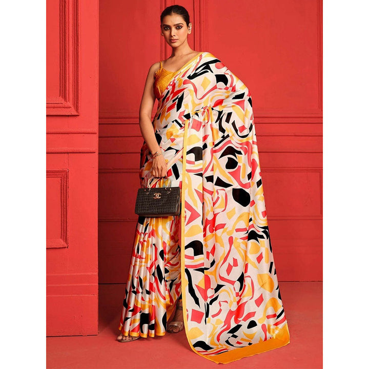 Odette Multicolor Satin Printed Saree with Unstitched Blouse for Women