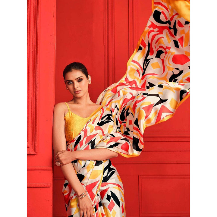 Odette Multicolor Satin Printed Saree with Unstitched Blouse for Women