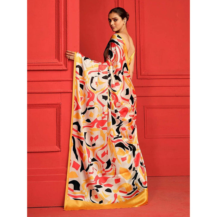 Odette Multicolor Satin Printed Saree with Unstitched Blouse for Women