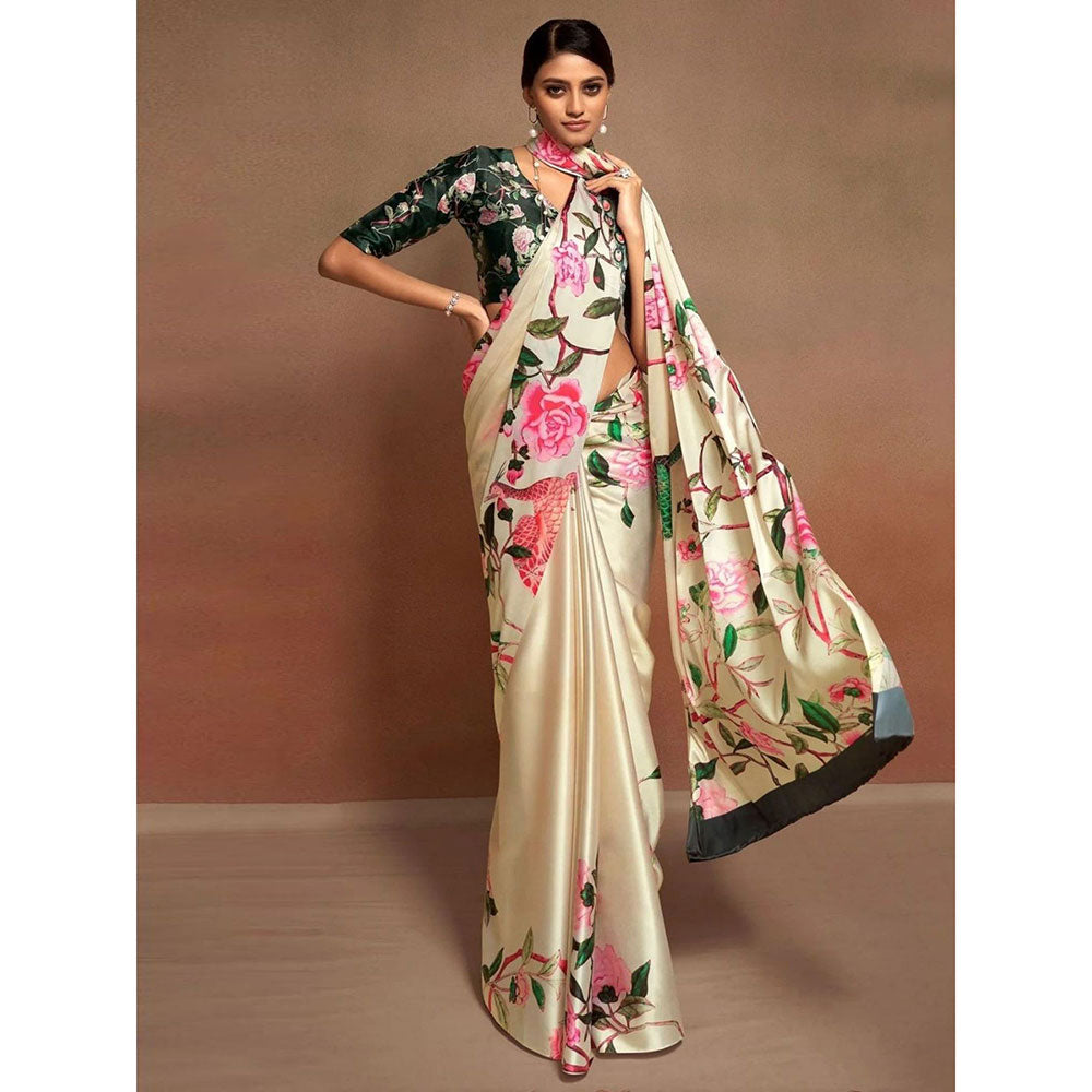 Odette Cream Satin Printed Saree with Unstitched Blouse for Women