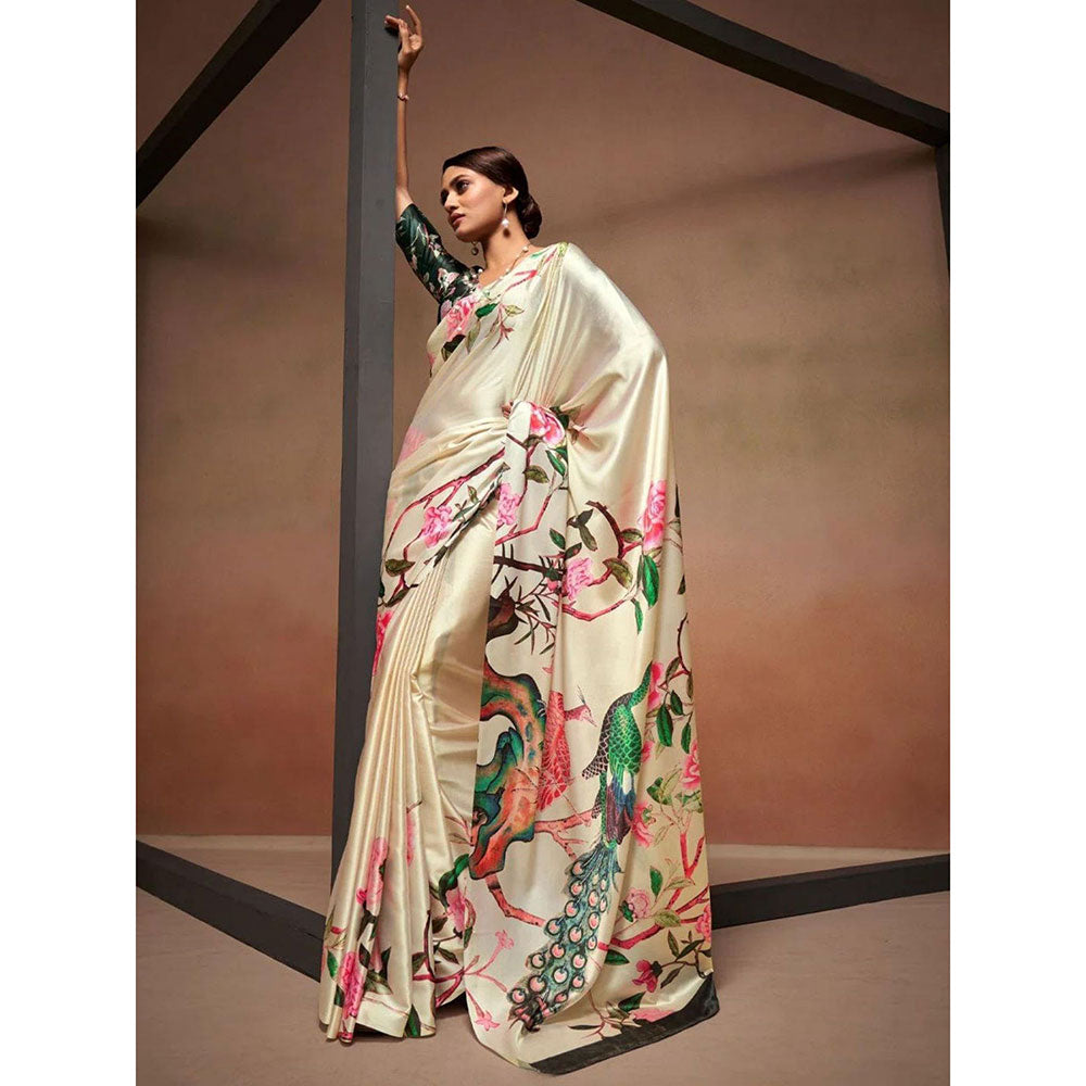 Odette Cream Satin Printed Saree with Unstitched Blouse for Women