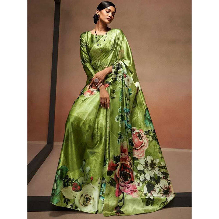 Odette Green Satin Floral Saree with Unstitched Blouse for Women