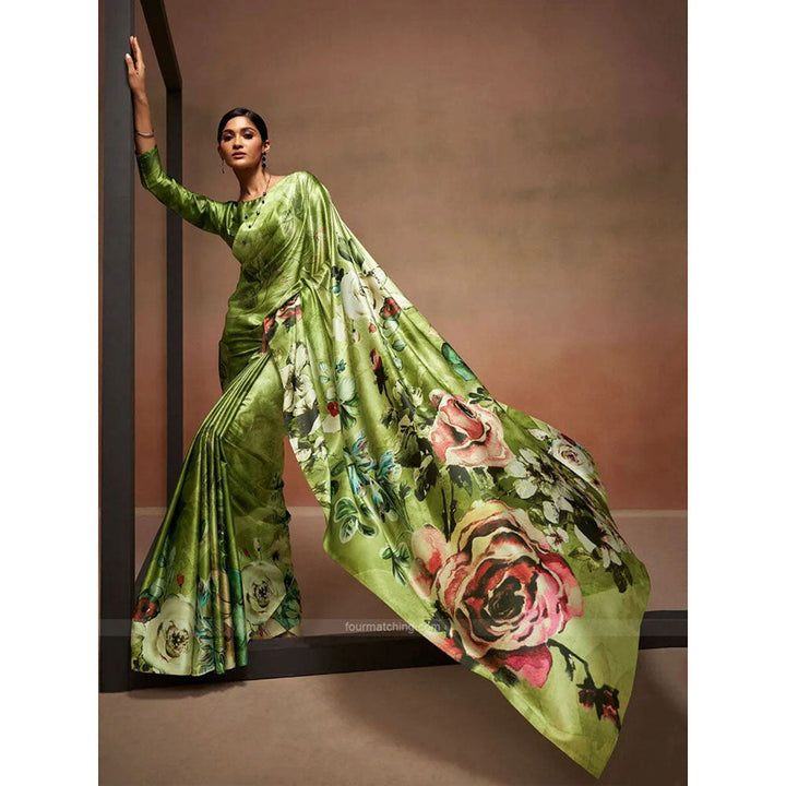 Odette Green Satin Floral Saree with Unstitched Blouse for Women