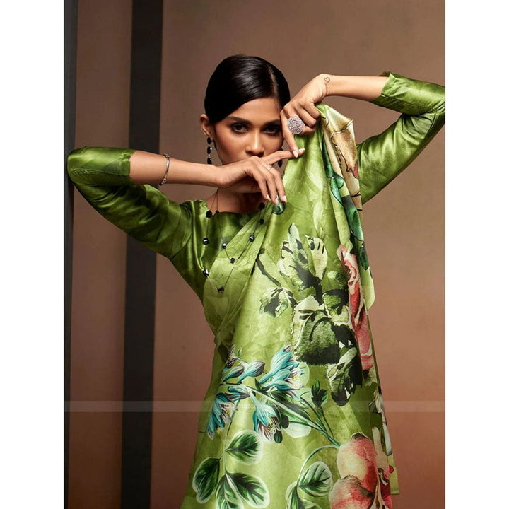 Odette Green Satin Floral Saree with Unstitched Blouse for Women