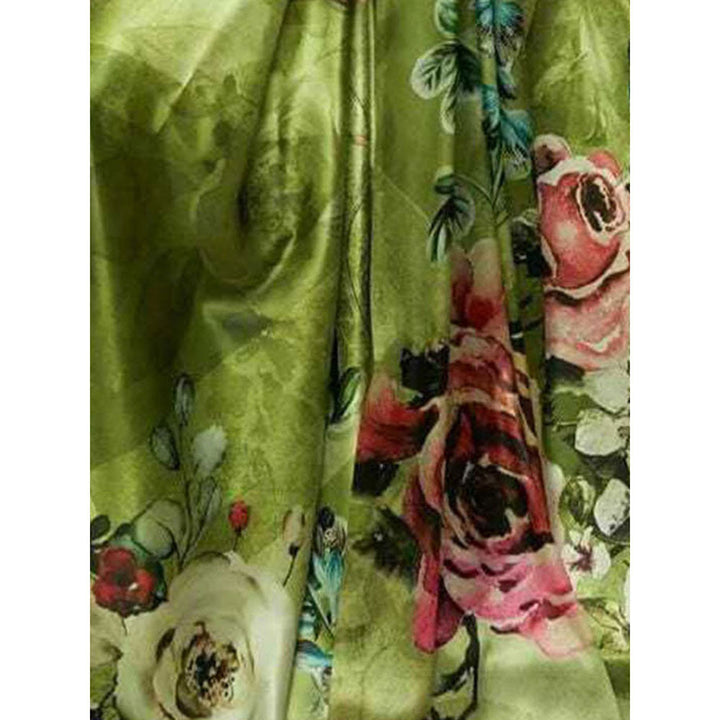 Odette Green Satin Floral Saree with Unstitched Blouse for Women