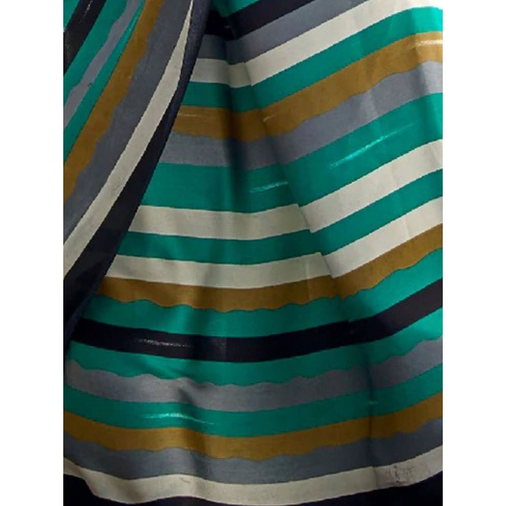 Odette Teal Satin Stripes Saree with Unstitched Blouse for Women