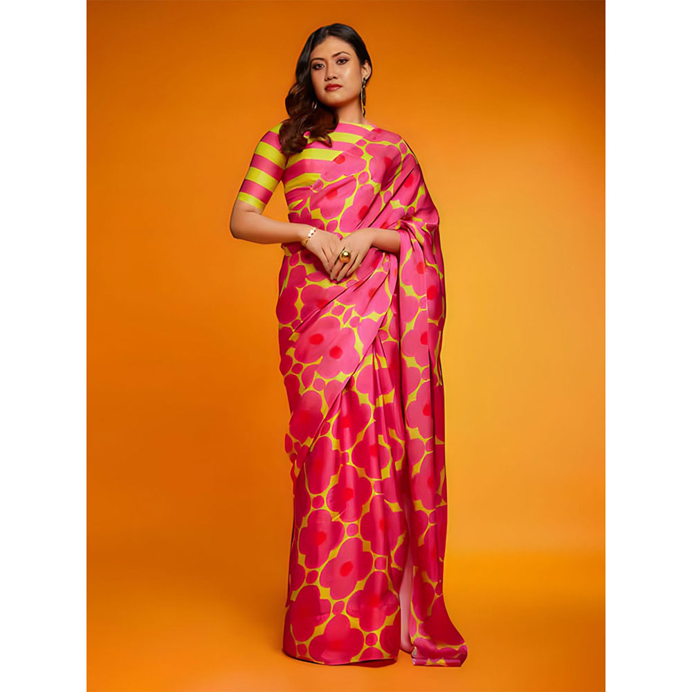 Odette Pink Satin Printed Saree with Unstitched Blouse for Women