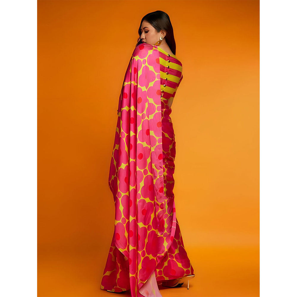 Odette Pink Satin Printed Saree with Unstitched Blouse for Women