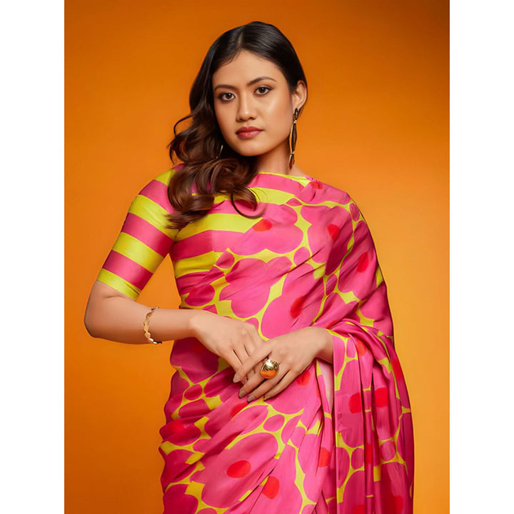 Odette Pink Satin Printed Saree with Unstitched Blouse for Women