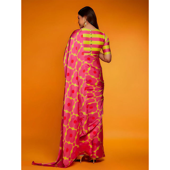 Odette Pink Satin Printed Saree with Unstitched Blouse for Women