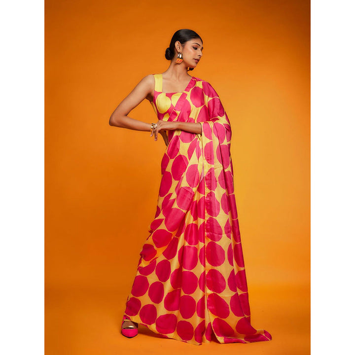 Odette Yellow Satin Printed Saree with Unstitched Blouse for Women