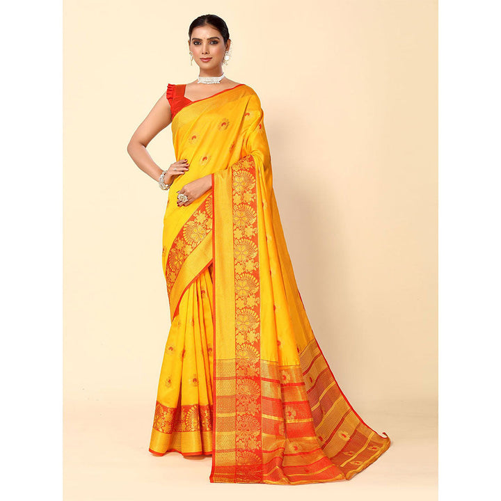 Odette Yellow Cotton Blend Woven Design Saree with Unstitched Blouse for Women