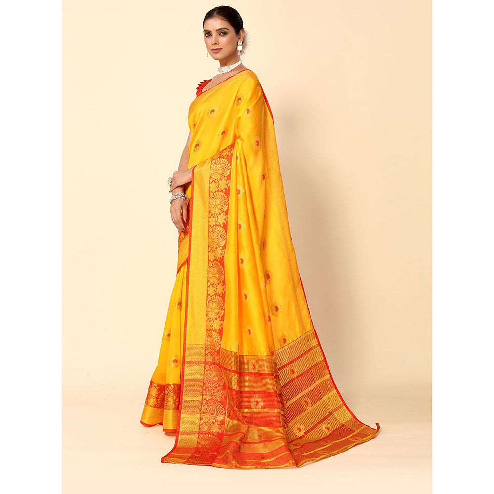 Odette Yellow Cotton Blend Woven Design Saree with Unstitched Blouse for Women