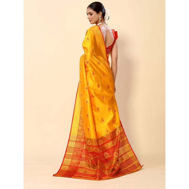 Odette Yellow Cotton Blend Woven Design Saree with Unstitched Blouse for Women