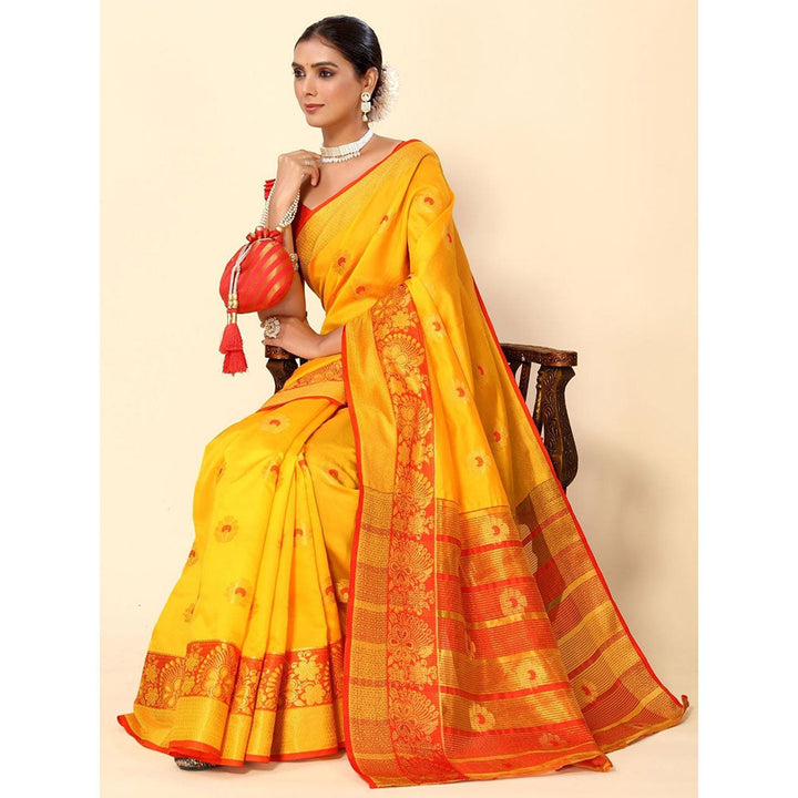 Odette Yellow Cotton Blend Woven Design Saree with Unstitched Blouse for Women