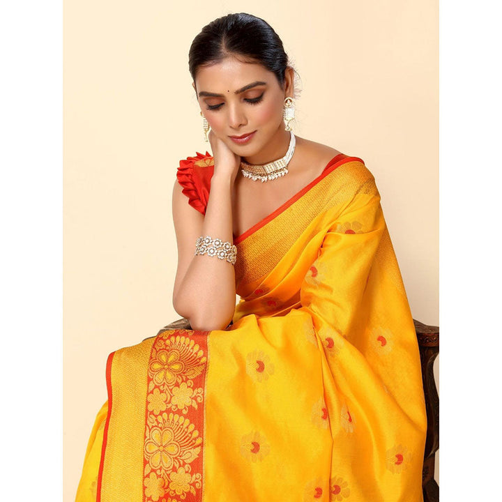 Odette Yellow Cotton Blend Woven Design Saree with Unstitched Blouse for Women