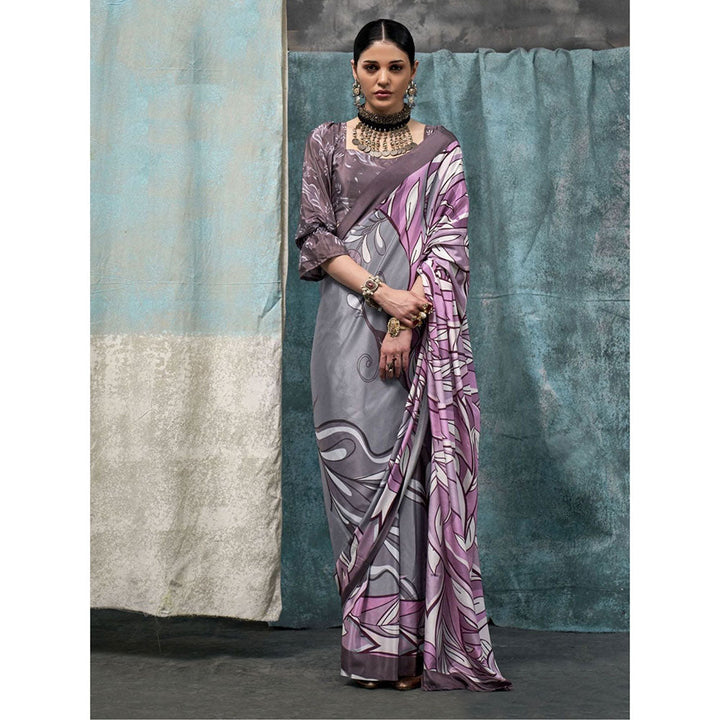 Odette Grey Satin Printed Saree with Unstitched Blouse for Women