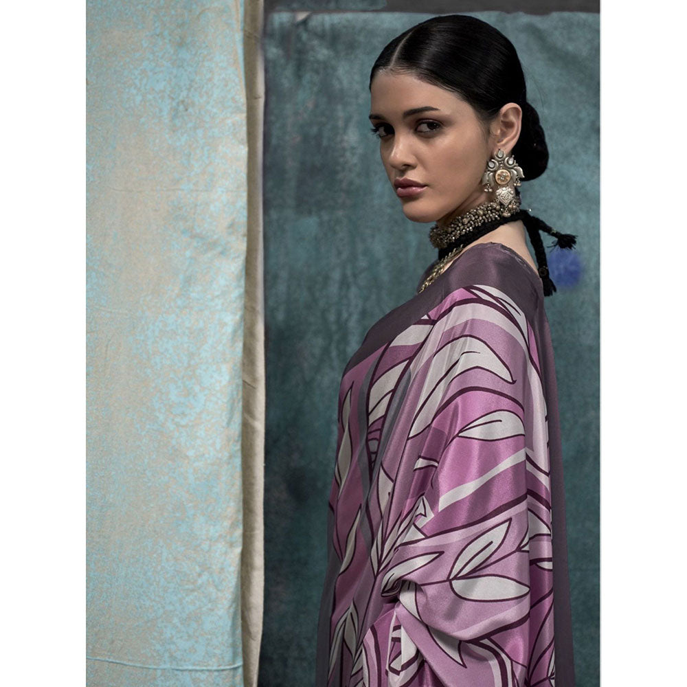 Odette Grey Satin Printed Saree with Unstitched Blouse for Women