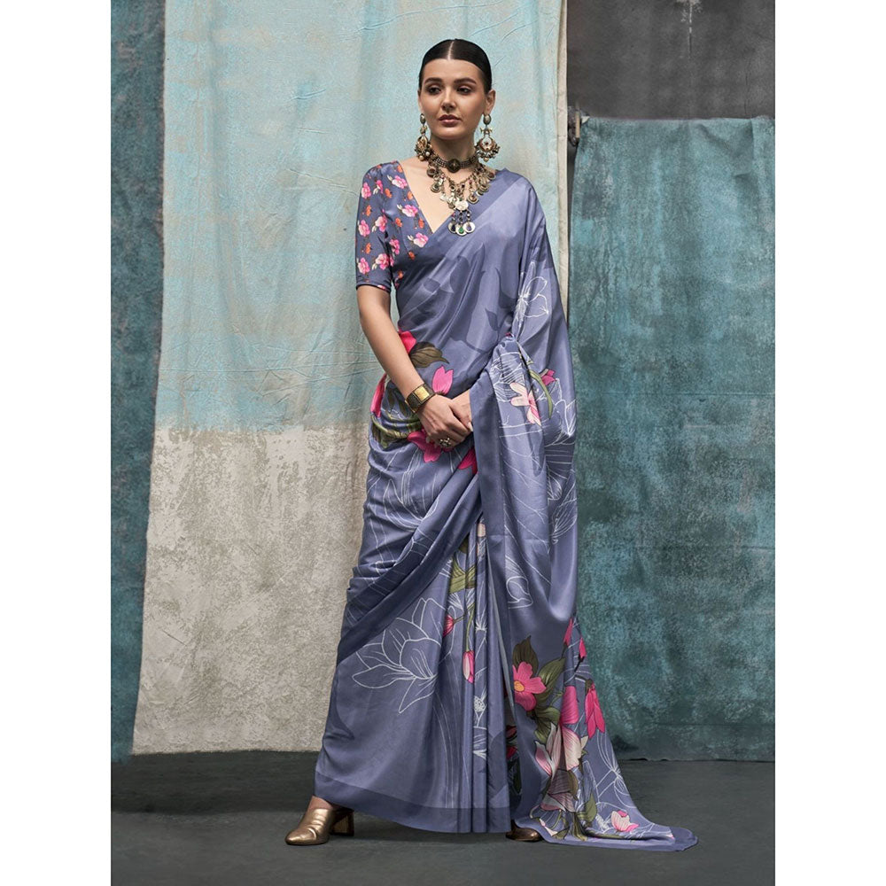 Odette Purple Satin Floral Saree with Unstitched Blouse for Women