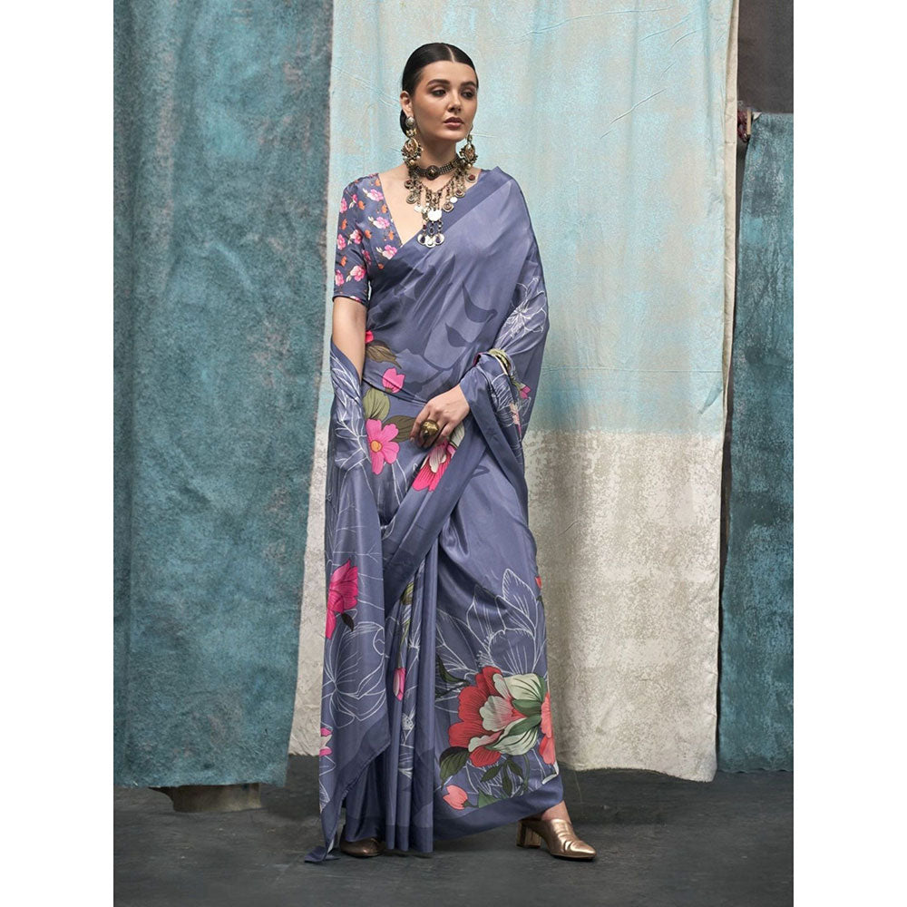 Odette Purple Satin Floral Saree with Unstitched Blouse for Women