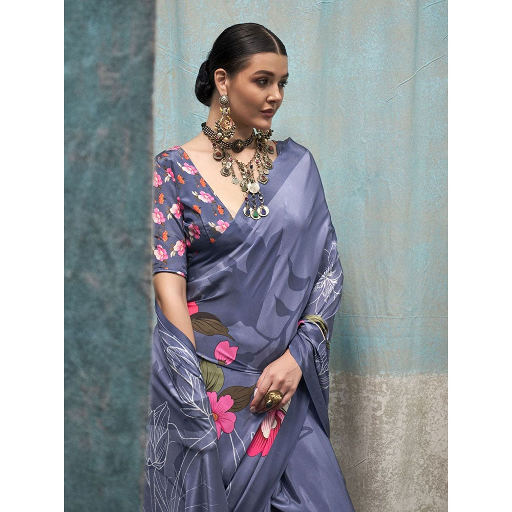 Odette Purple Satin Floral Saree with Unstitched Blouse for Women