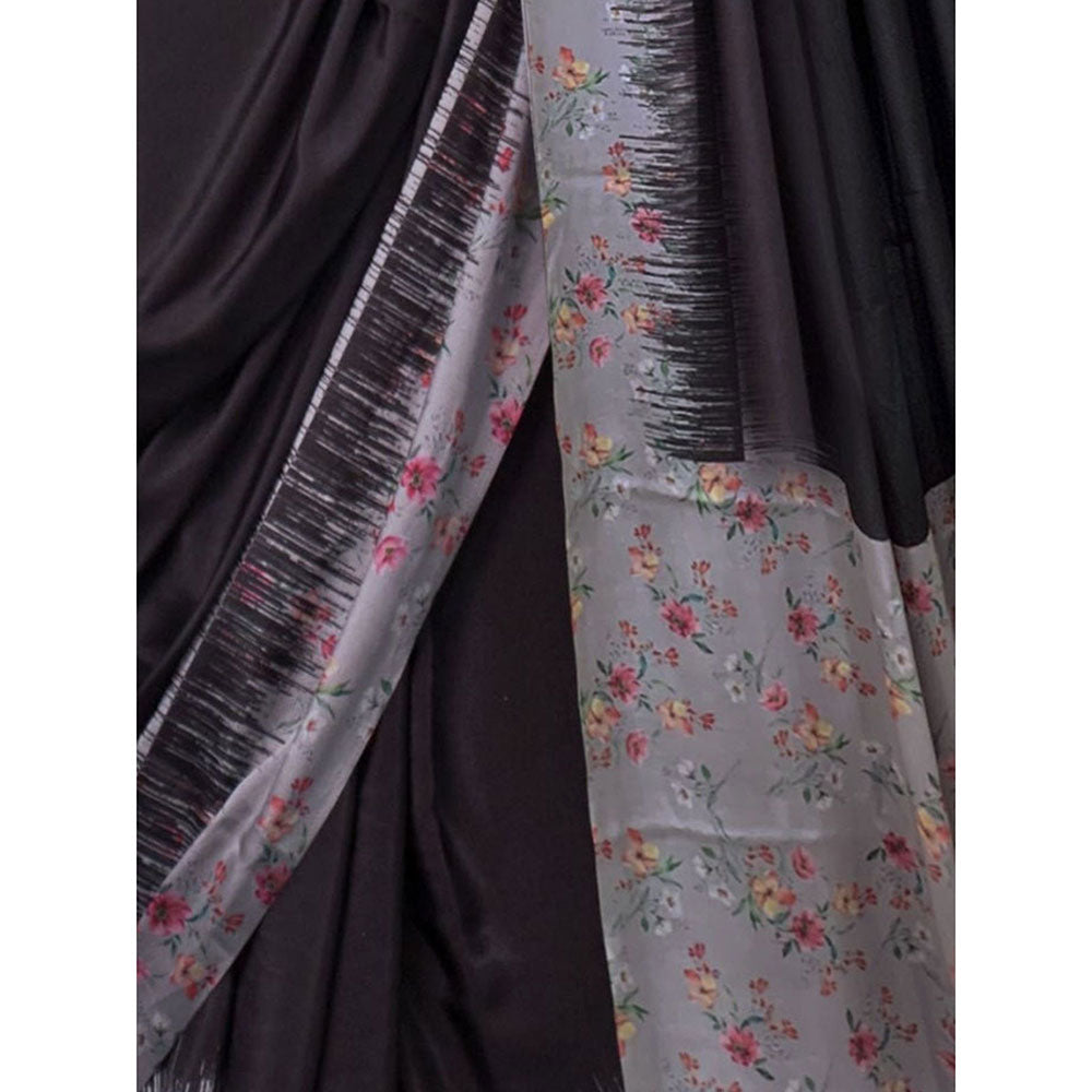 Odette Black Satin Floral Saree with Unstitched Blouse for Women