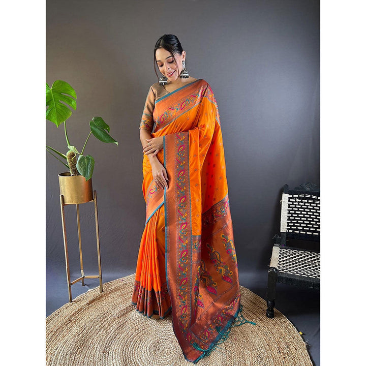 Odette Women Orange Woven Design Silk Blend Saree with Unstitched Blouse