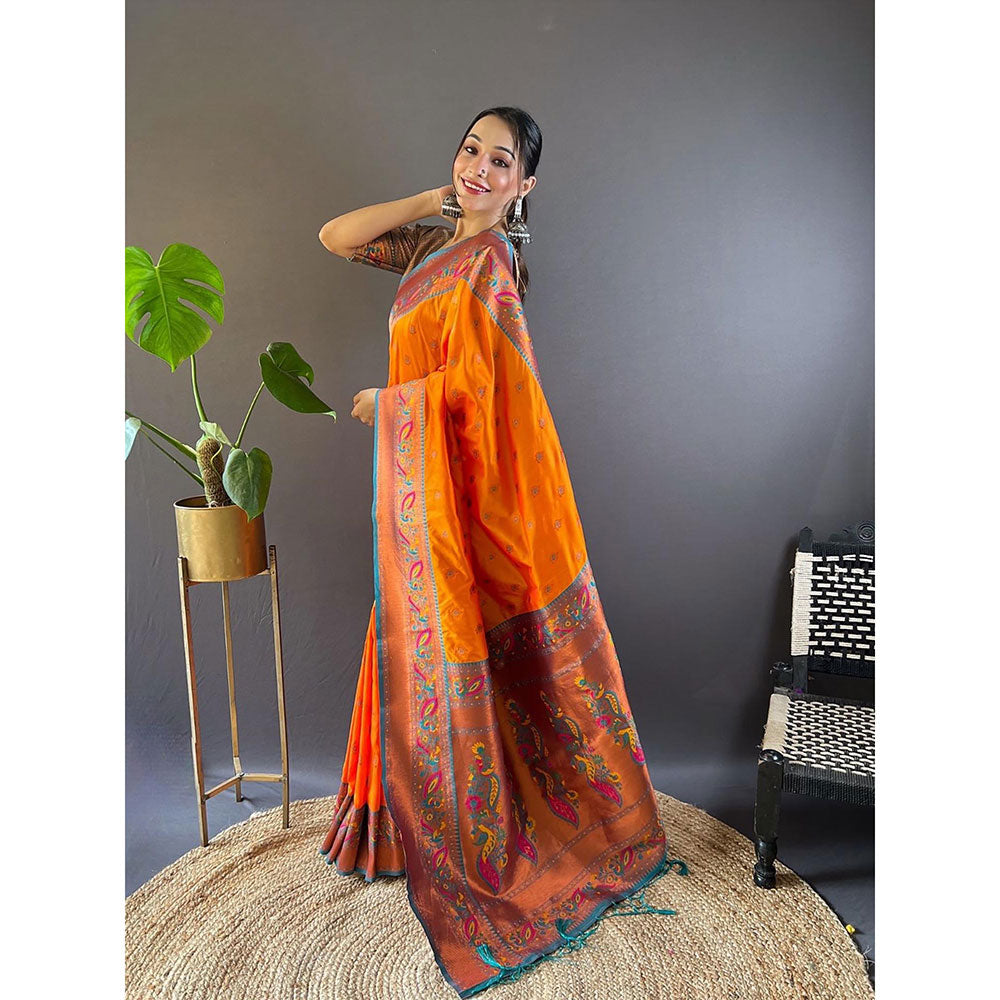 Odette Women Orange Woven Design Silk Blend Saree with Unstitched Blouse