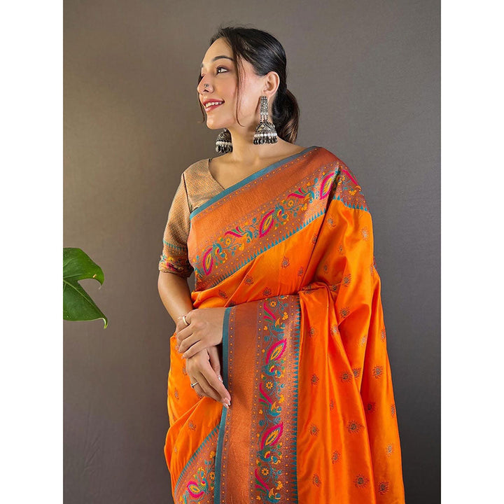 Odette Women Orange Woven Design Silk Blend Saree with Unstitched Blouse