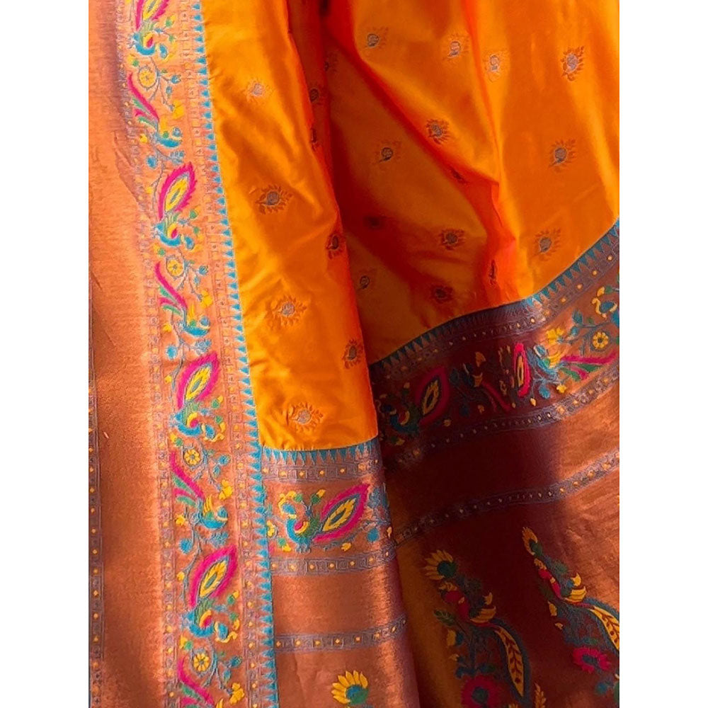 Odette Women Orange Woven Design Silk Blend Saree with Unstitched Blouse