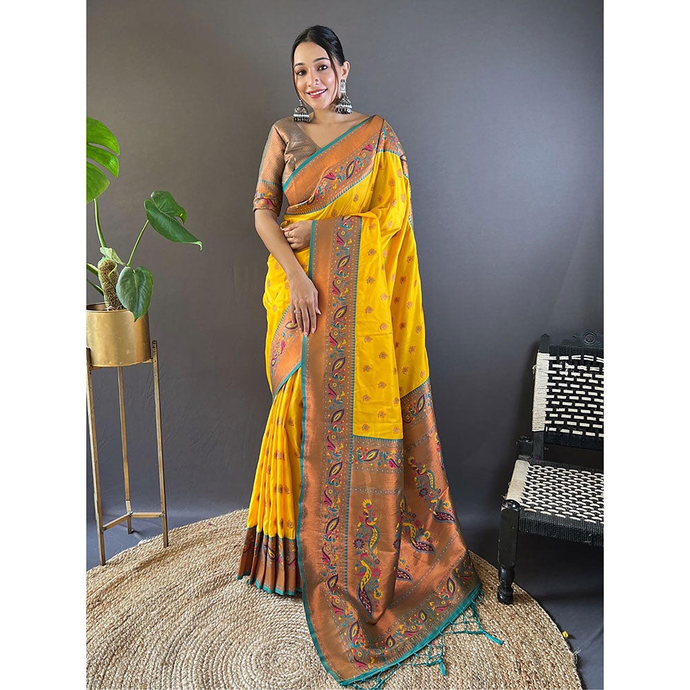 Odette Women Yellow Woven Design Silk Blend Saree with Unstitched Blouse